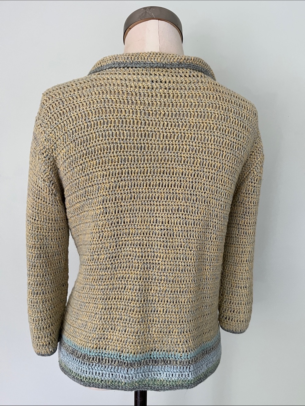 J.Jill Vintage Light Olive Crochet Open-Front Cardigan with Seafoam Trim - Picture 6 of 9